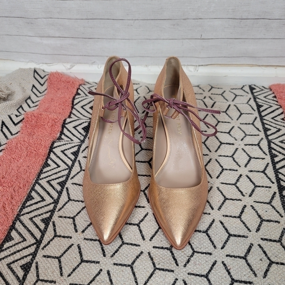 Anthropologie Metallic Rose Gold Pointed Toe Heels with Mauve Ties - Picture 3 of 16